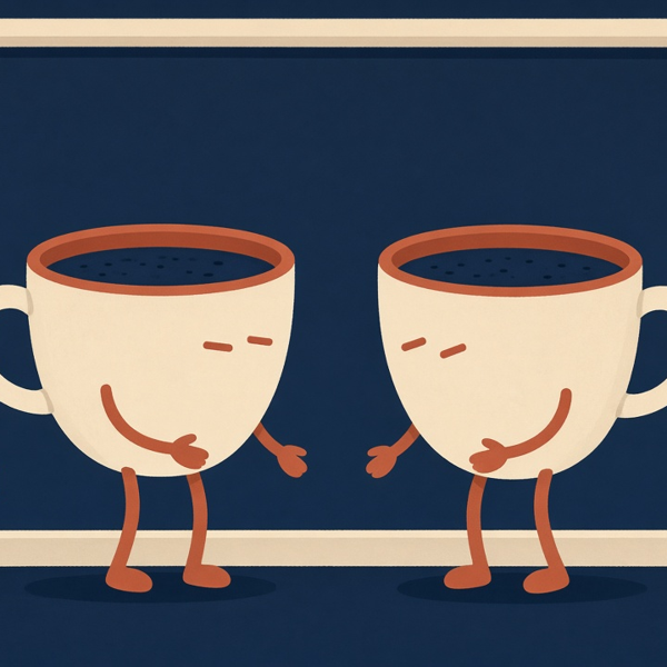 Two coffee cups side by side on a small round table
