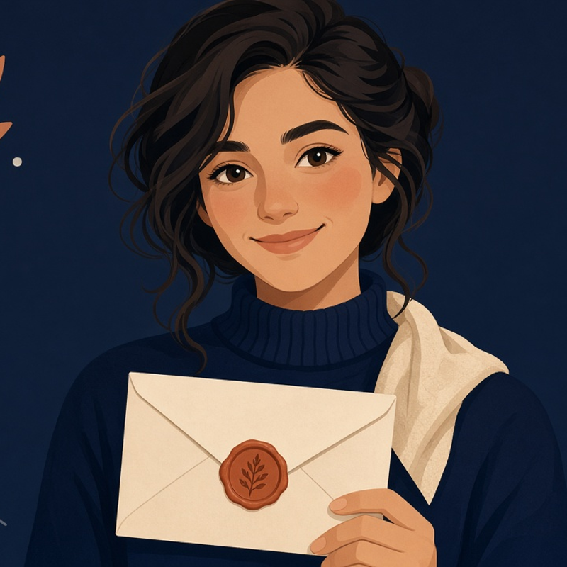 Illustrated portrait of Evelyn, a warm outreach assistant holding a cream envelope sealed with terracotta wax
