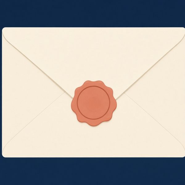 A cream envelope closed with a terracotta wax seal