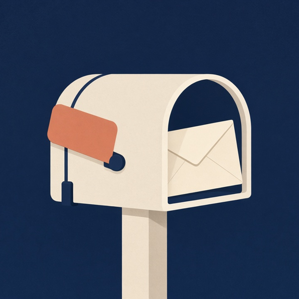 A navy mailbox with its terracotta flag raised