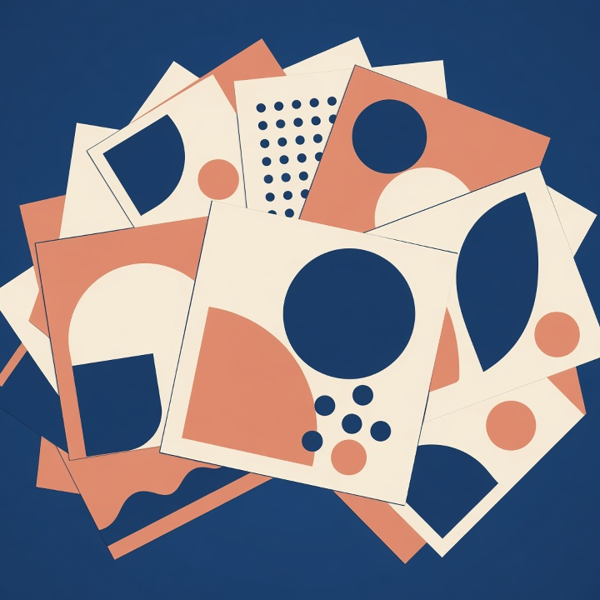 A neat stack of square cards in navy, cream and terracotta